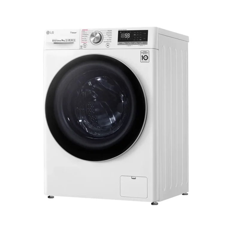 Left view of LG 9kg Fully Automatic Front Load Washing Machine FV1409S3W with AI DD and Steam technology in White.