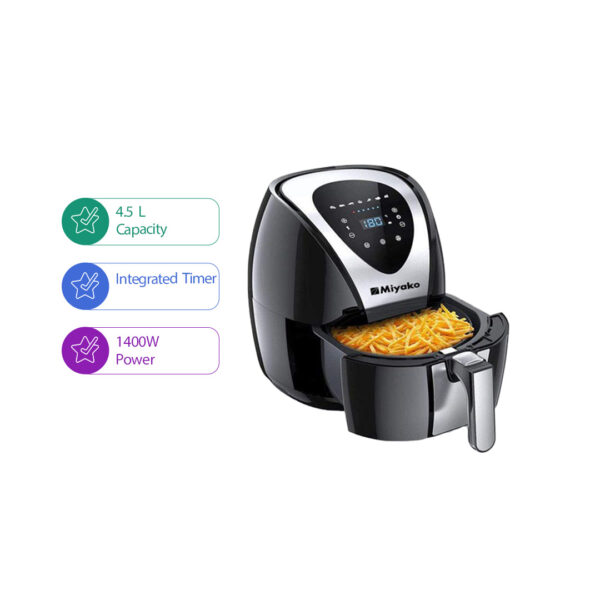 Miyako AF-618 Digital Air Fryer with 4.5 liter capacity and 1400W power for oil-free cooking.