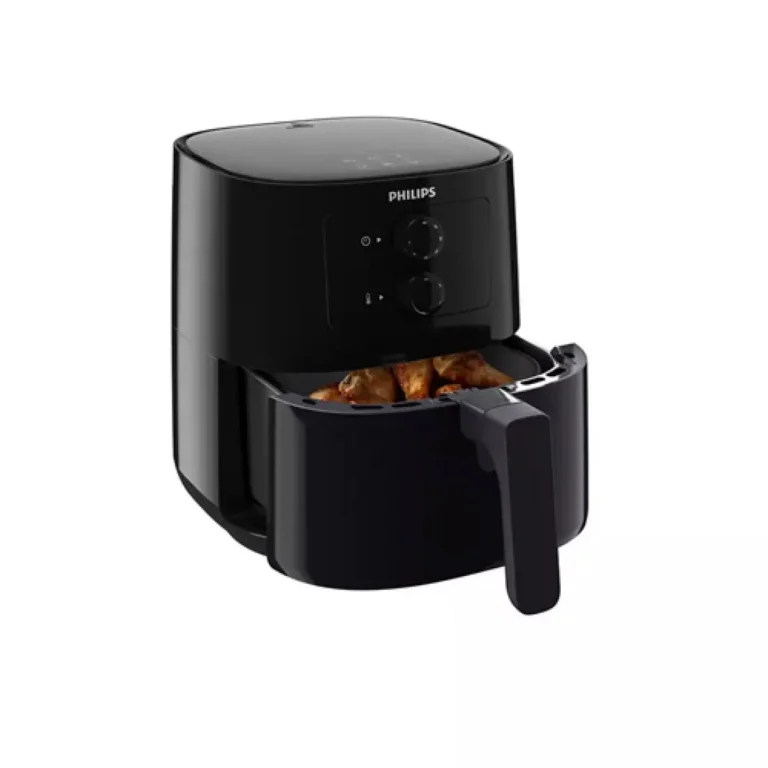 Open view of Philips HD9200/90 Essential Compact 4.1L Air Fryer with dual analog dials for time and temperature control.