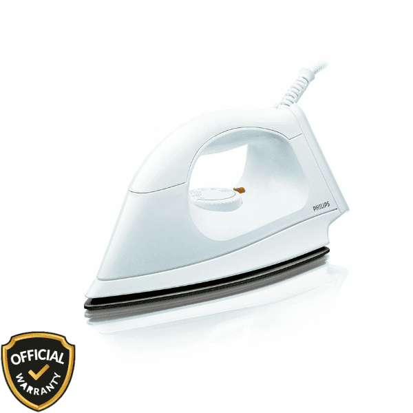Philips HI113 Dry Iron in white and purple with non-stick soleplate and temperature control knob.