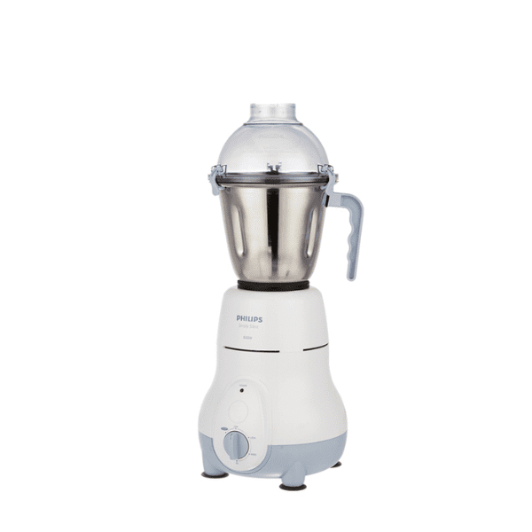 Front view of Philips HL7511 550W Mixer Grinder with high-quality stainless steel jar and ergonomic blue knob.
