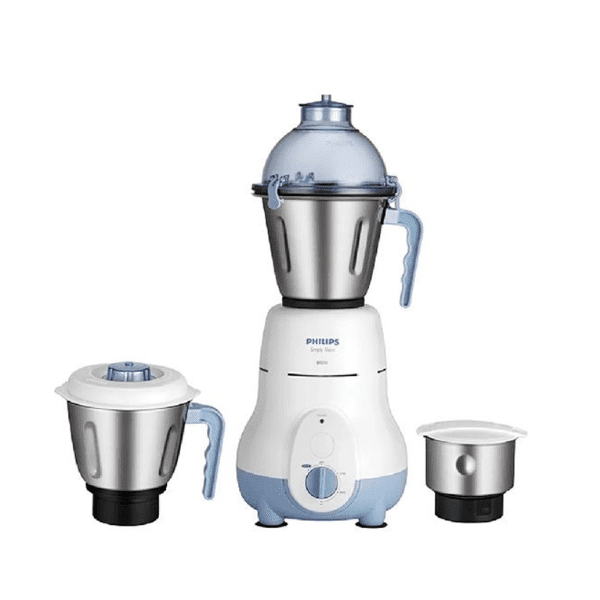 Philips HL1643/00 Simply Silent 600 Watt Mixer Grinder with stainless steel jar and ergonomic handle.