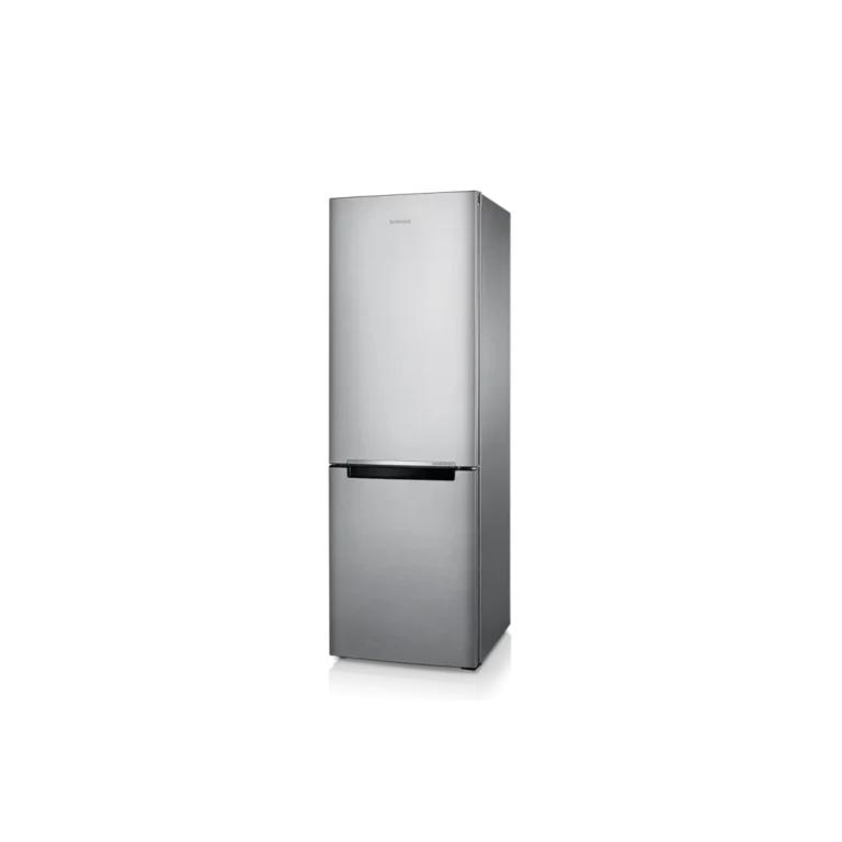 Left view of Samsung 310 Liters Bottom Mount Refrigerator with eye-level refrigeration and sleek silver finish.