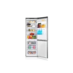 Open view of Samsung 310 Liters Bottom Mount Refrigerator with eye-level refrigeration and sleek silver finish.