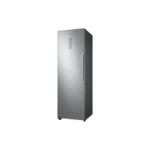 Left view of Samsung 315 Liters Upright Vertical Freezer in silver color with front digital display and sleek handle.