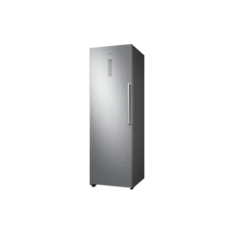 Left view of Samsung 315 Liters Upright Vertical Freezer in silver color with front digital display and sleek handle.