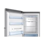 Open view of Samsung 315 Liters Upright Vertical Freezer in silver color with front digital display and sleek handle.