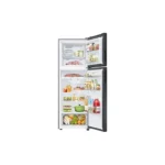 Open view of Samsung 348 Liters Top Mount Freezer Refrigerator with Charcoal Black finish and digital inverter technology.