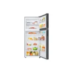 Open view of Samsung 415 Liters Top Mount Freezer Refrigerator with Metallic Silver Finish and All-around Cooling.