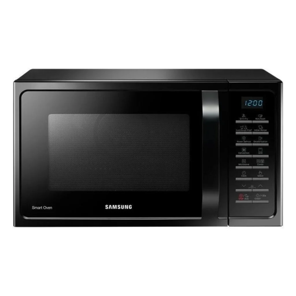Front view of Samsung MC28H5025VK/D2 28L Convection Microwave Oven in black with digital control panel and Smart Oven branding.