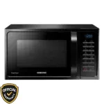 Front view of Samsung MC28H5025VK/D2 28L Convection Microwave Oven in black with digital control panel and Smart Oven branding.