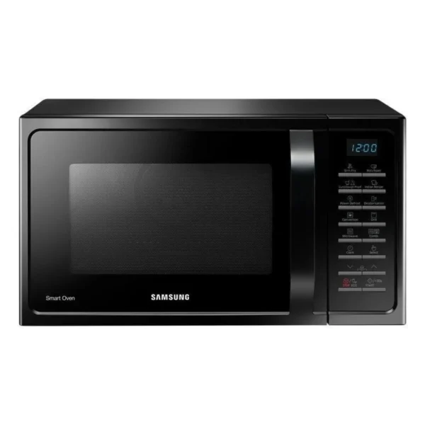 Front view of Samsung MC28H5025VK/D2 28L Convection Microwave Oven in black with digital control panel and Smart Oven branding.