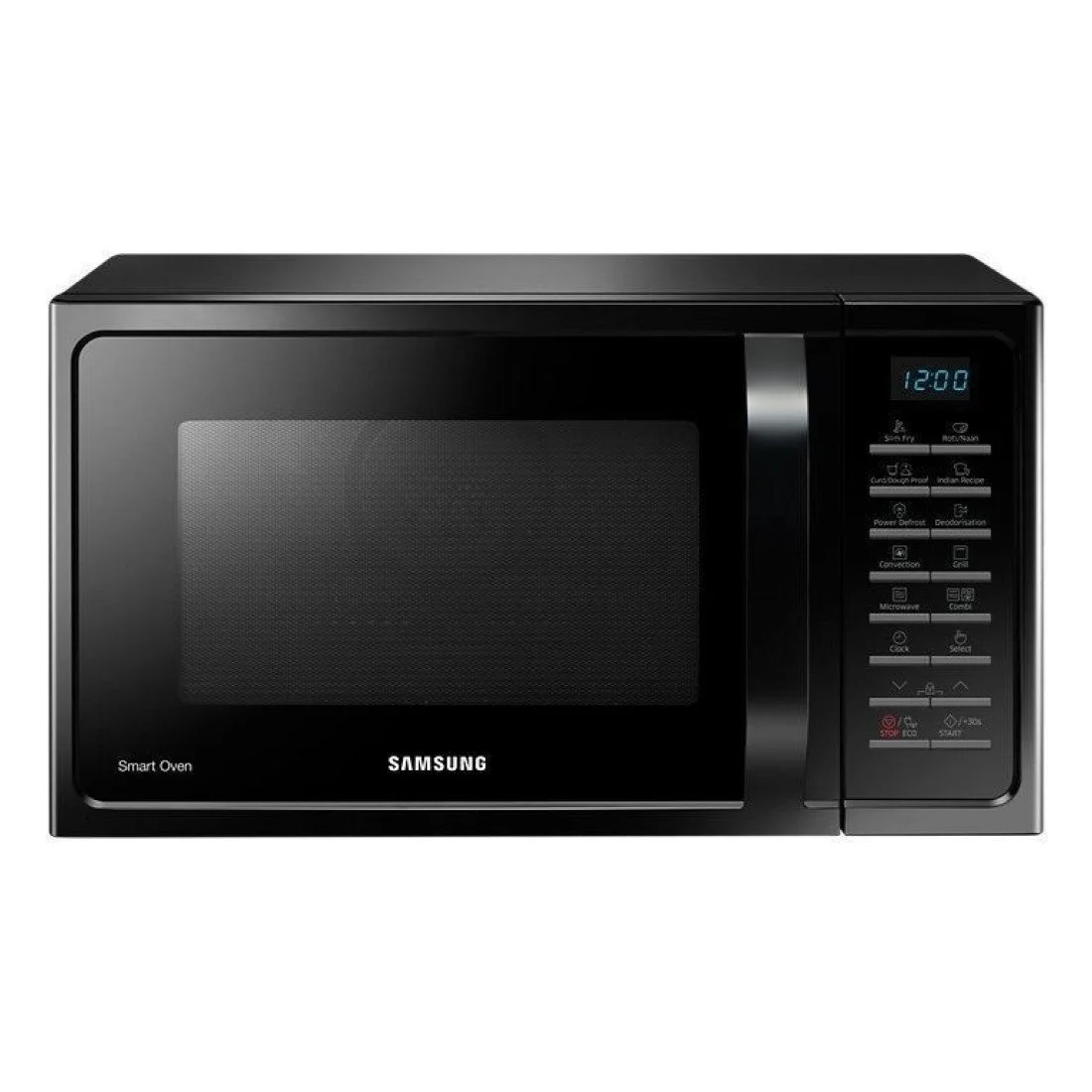 Samsung 28L Convection Microwave Oven MC28H5025VK/D2 Front view of Samsung MC28H5025VK/D2 28L Convection Microwave Oven in black with digital control panel and Smart Oven branding.