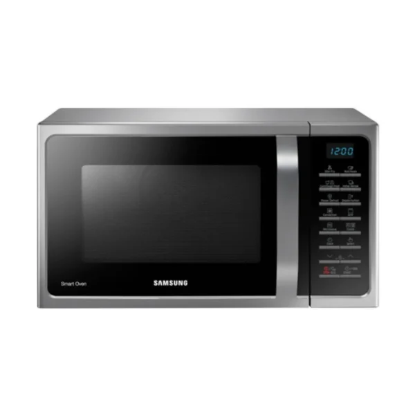 Front view of Samsung 28L Smart Convection Microwave Oven MC28H5025VS/D2 with Silver/Stainless Steel finish and digital control panel.