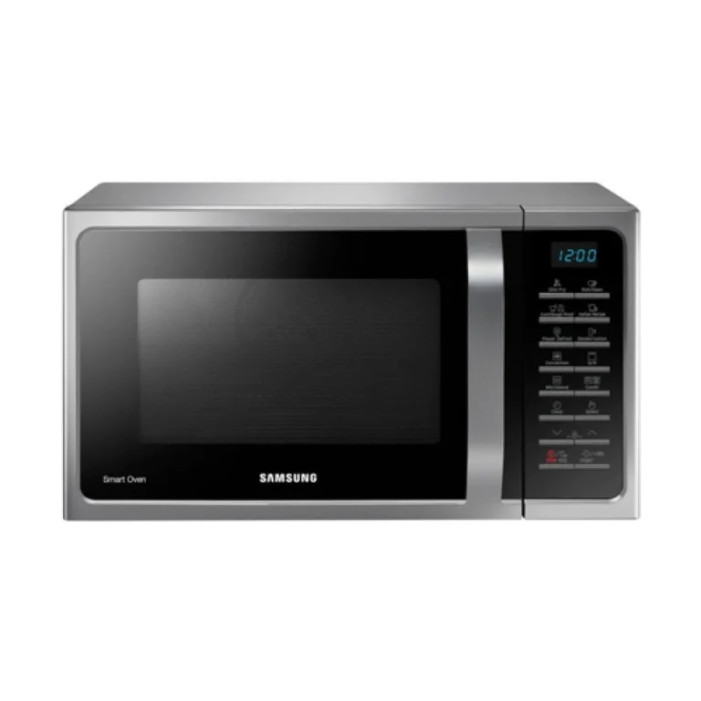 Front view of Samsung 28L Smart Convection Microwave Oven MC28H5025VS/D2 with Silver/Stainless Steel finish and digital control panel.