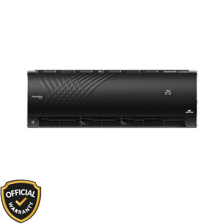 Front view of Walton 1.5 Ton Krystaline Preto Intelligent Inverter AC with Bluetooth connectivity and digital temperature display in black finish.