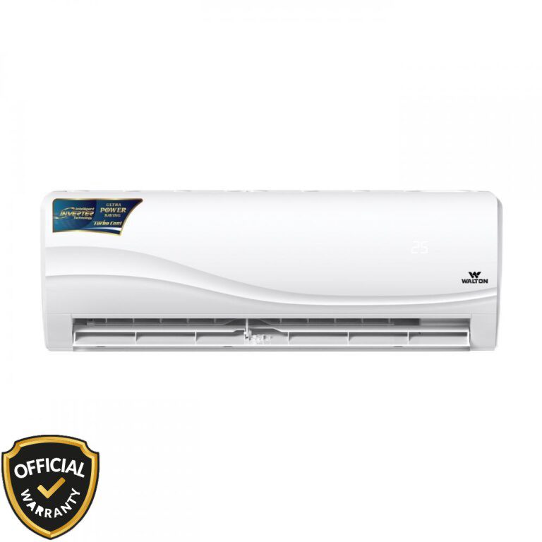 Front view of Walton 1 Ton Riverine Prime Intelligent Inverter AC WSI-RIVERINE (PRIME)-12J in white showing digital temperature display.