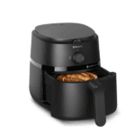 Open view of Philips Air Fryer NA120 with 4.1L capacity, featuring RapidAir technology and manual temperature/timer controls.