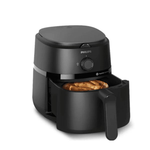 Open view of Philips Air Fryer NA120 with 4.1L capacity, featuring RapidAir technology and manual temperature/timer controls.