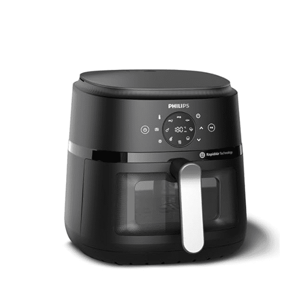 Philips Air Fryer NA231 with 6.2L capacity, see-through cooking window, and digital touch display.