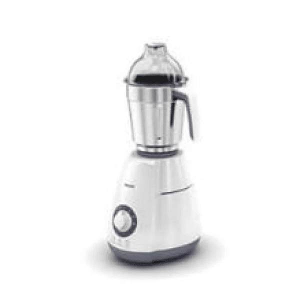 Philips HL7699 Mixer Grinder with 750W powerful motor and 4 stainless steel jars in white and purple color.