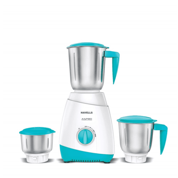 Havells Aspro 700W Mixer Grinder with 3 stainless steel jars in white and turquoise color.