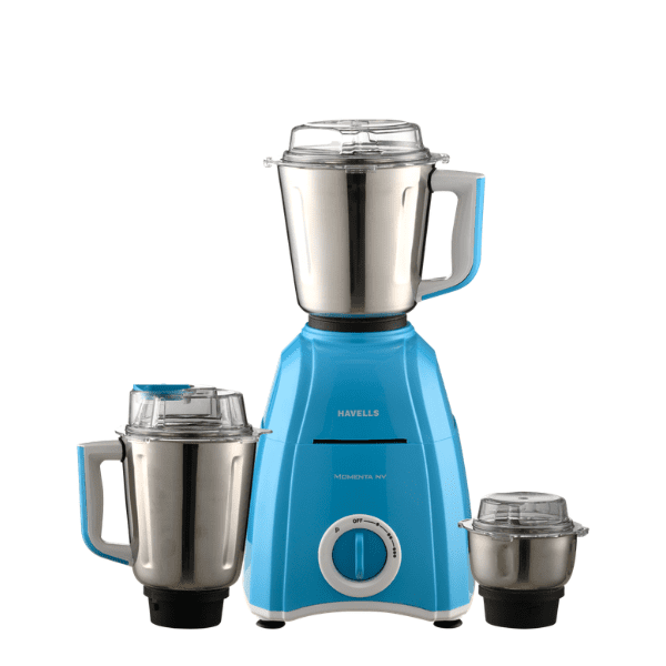 Havells Momenta-NV-750 Mixer Grinder with 750W powerful motor and 3 stainless steel jars in sky blue color.