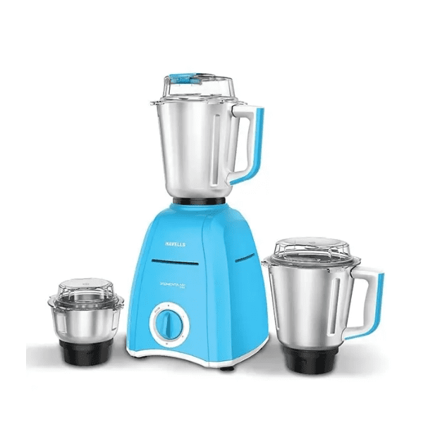 Havells Momenta-NV-900 Mixer Grinder with 900W powerful motor and 3 stainless steel jars in sky blue color.