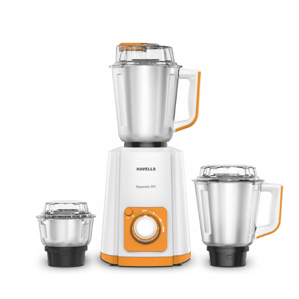 Havells Supermix NV 700W Mixer Grinder in white and orange color with 3 maxTUFF stainless steel jars