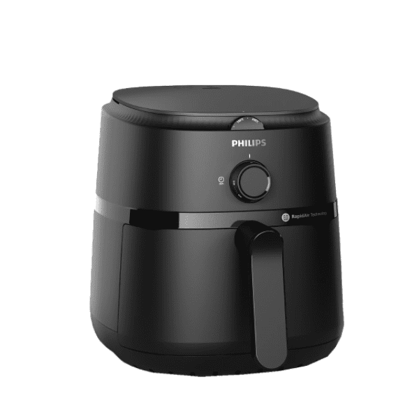 Front view of Philips Air Fryer NA120 with 4.1L capacity, featuring RapidAir technology and manual temperature/timer controls.