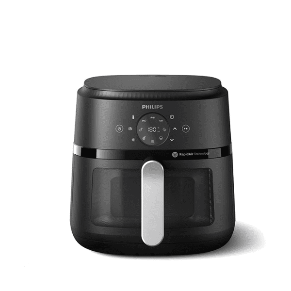 Front view of Philips Air Fryer NA231 with 6.2L capacity, see-through cooking window, and digital touch display.