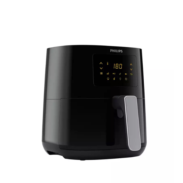 Front view of Philips Essential Air Fryer HD9252 with 4.1L capacity and digital touch control display in black.