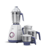 Philips HL7699 Mixer Grinder with 750W powerful motor and 4 stainless steel jars in white and purple color.