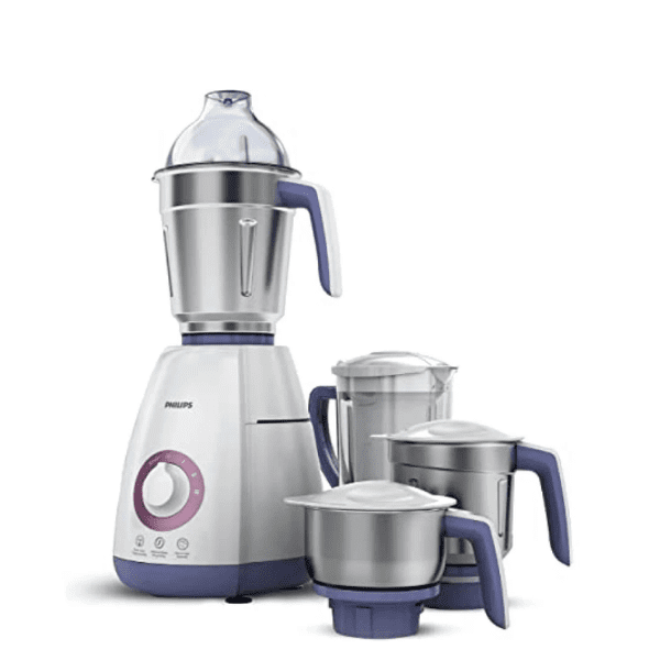 Philips HL7699 Mixer Grinder with 750W powerful motor and 4 stainless steel jars in white and purple color.