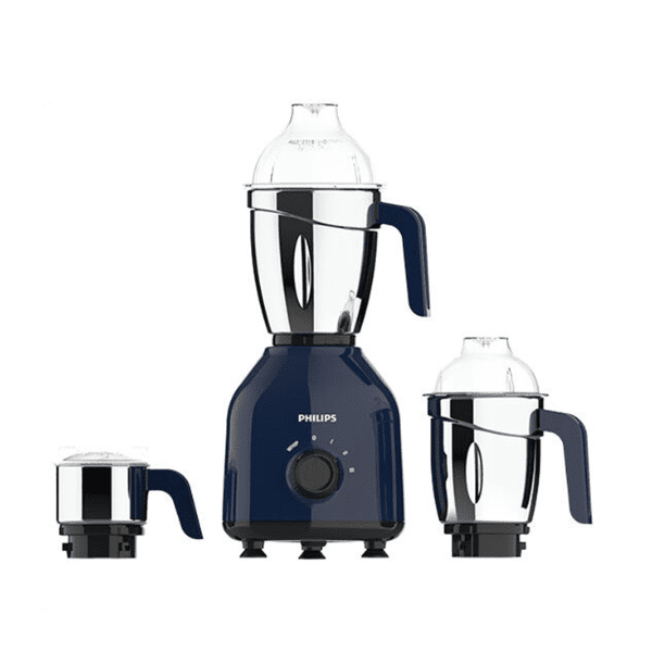 Philips HL7757 750W Mixer Grinder in navy blue color with three stainless steel jars and transparent lids.