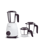 Philips Mixer Grinder HL7505 in white and purple color with three stainless steel jars for dry and wet grinding.