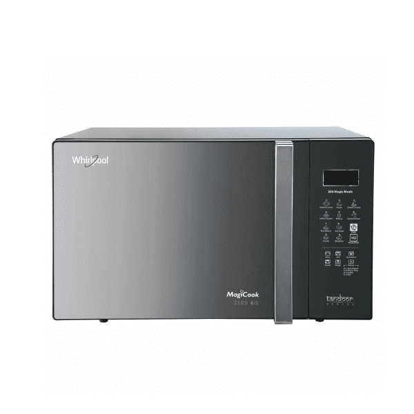 Front view of Whirlpool Magicook 30L Convection Microwave Oven featuring Zero Oil cooking, Tandoor series, and 200 Magic Meals in black mirror finish.