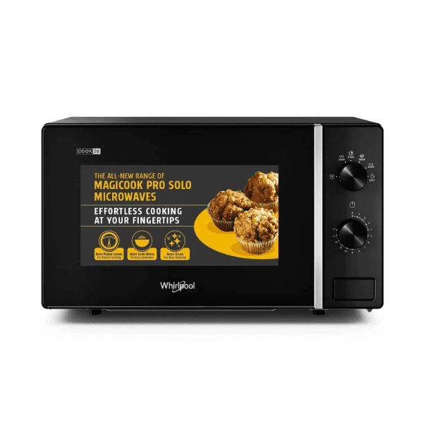 Whirlpool Magicook Classic 20L Solo Microwave Oven with manual mechanical knob controls in black finish
