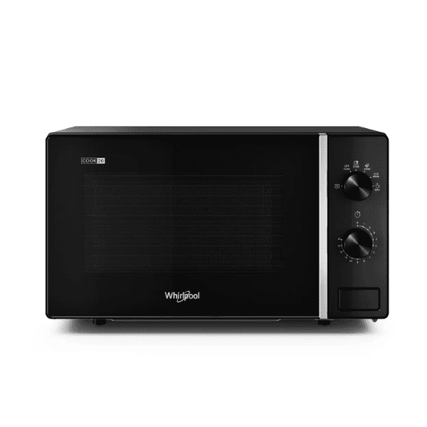 Front view of Whirlpool Magicook Classic 20L Solo Microwave Oven with manual mechanical knob controls in black finish.