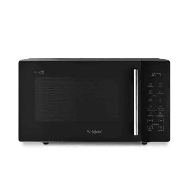 Front view of Whirlpool Magicook Pro 25GE Grill Microwave 25L in black finish with digital display and silver handle.