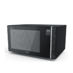 Perspective view of Whirlpool Magicook Pro 30 GE 30L Grill Microwave Oven in black finish with digital display and touch control panel.